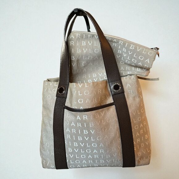 Bvlgari Beige Canvas Tote Bag with Brown Leather Trim Logo Shoulder  2553364 - Picture 1 of 8